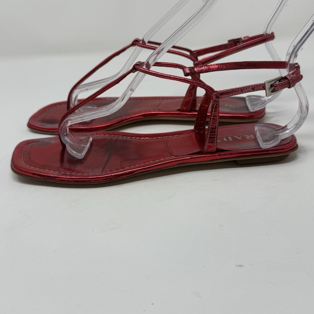 Prada Capretto Thong Leather Sandals Metallic Pinkish Red Size 7.5 (EU 38) - Picture 3 of 13